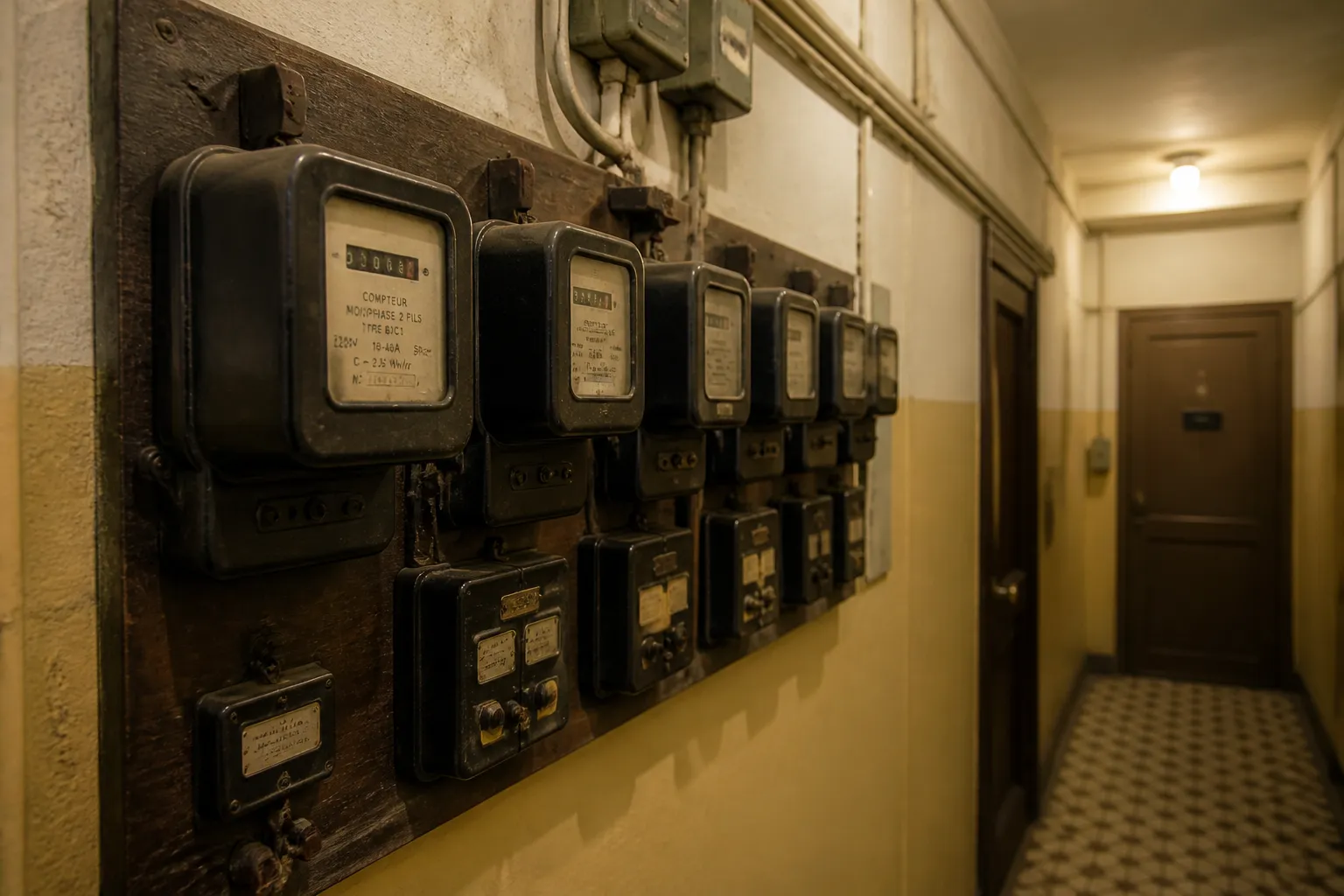 Compteurs electriques anciens dans un couloir