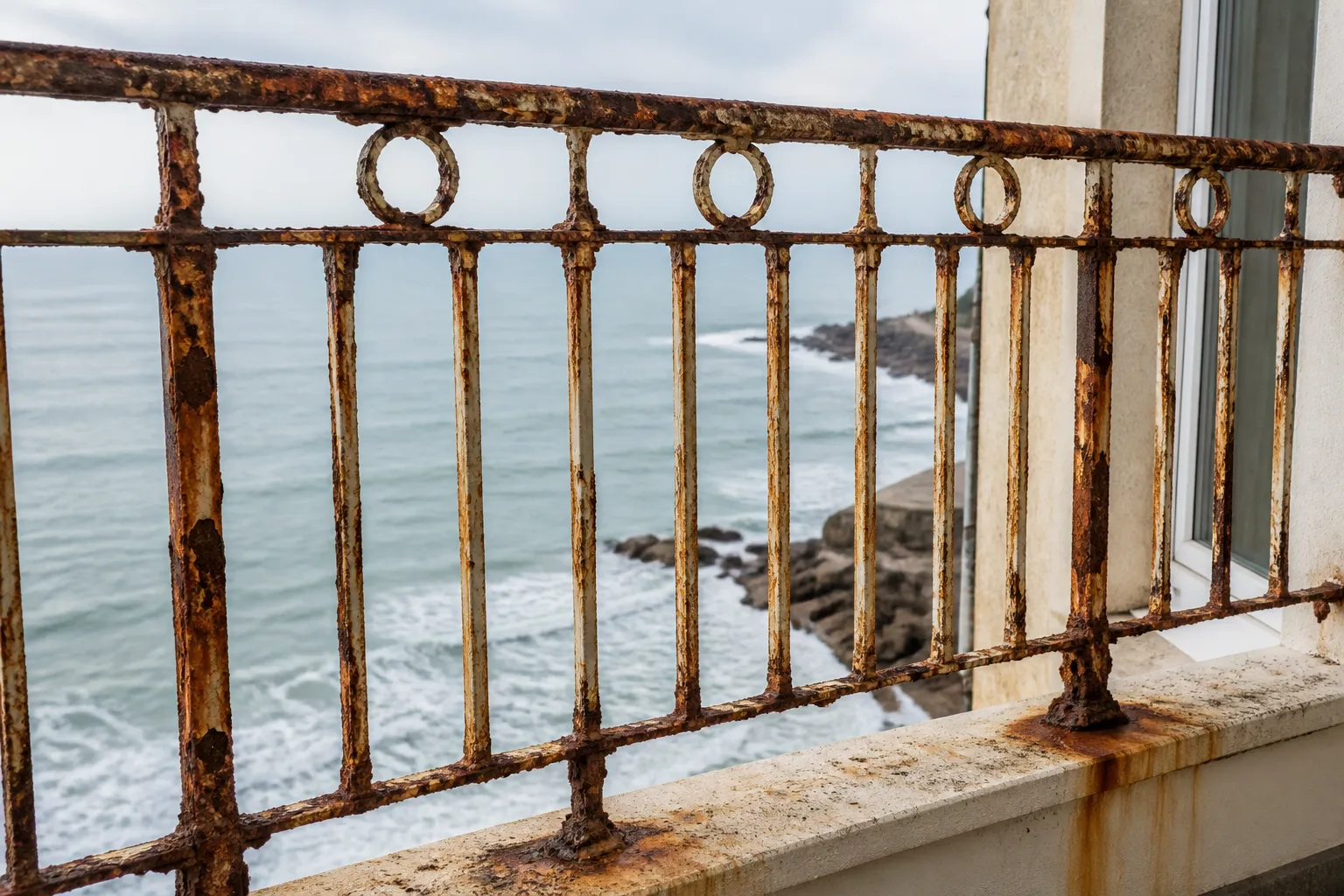 Garde corps de balcon corrode par les embruns