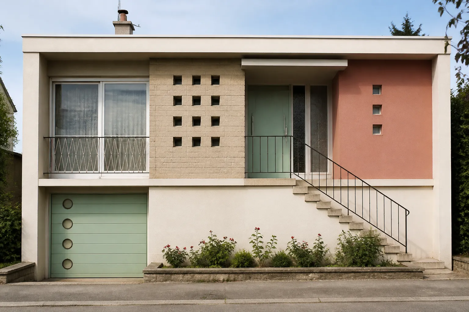 Facade geometrique d une maison des annees 1950