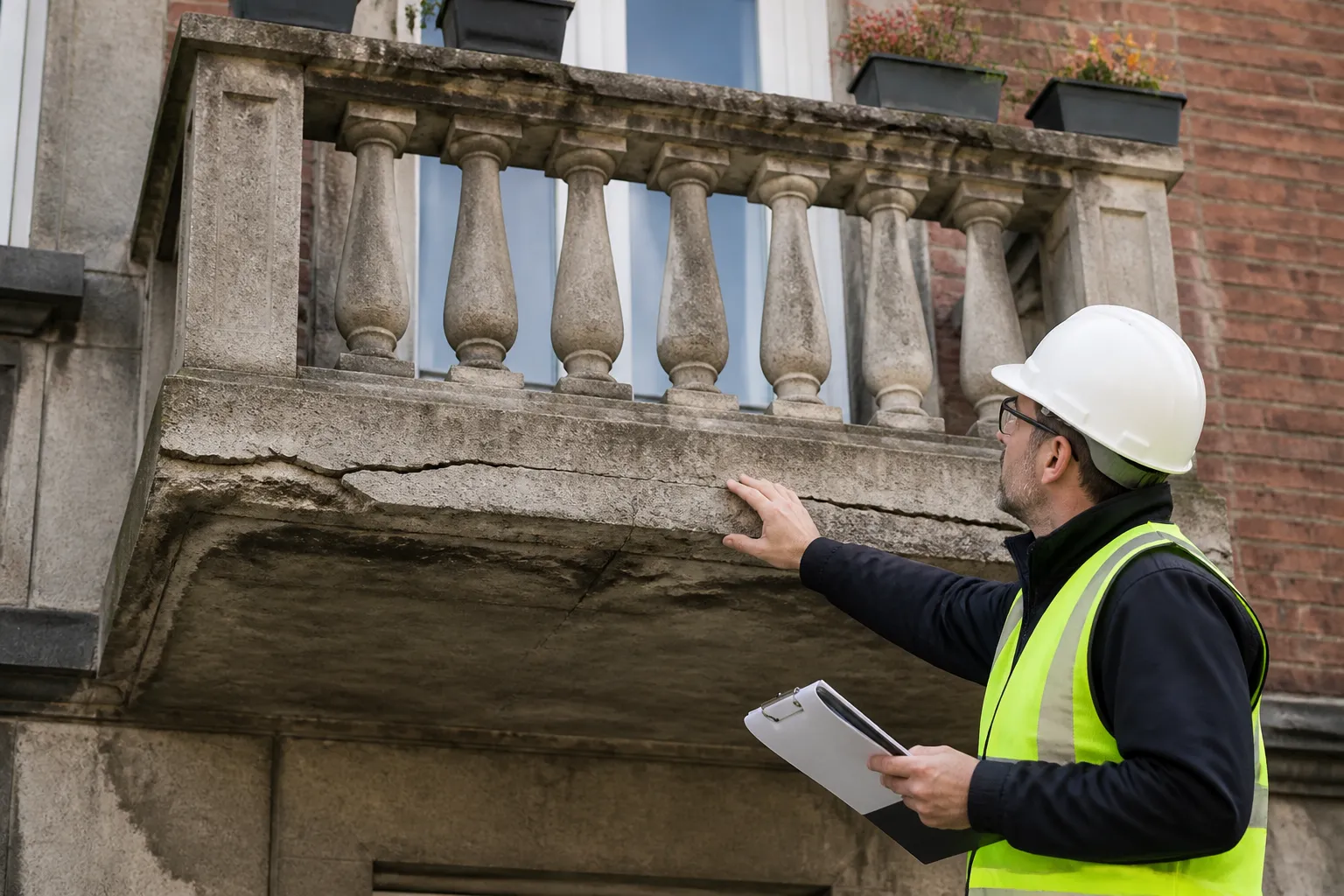 Expert examinant un balcon en beton d epoque