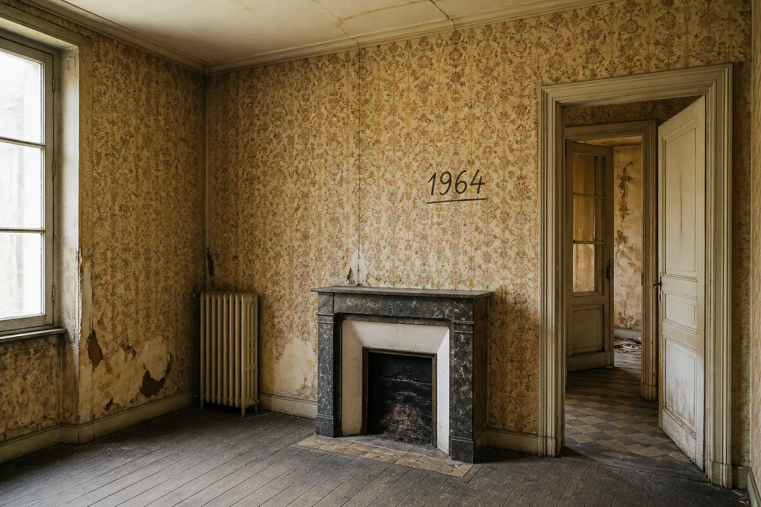 Interieur ancien a renover avec papier peint date