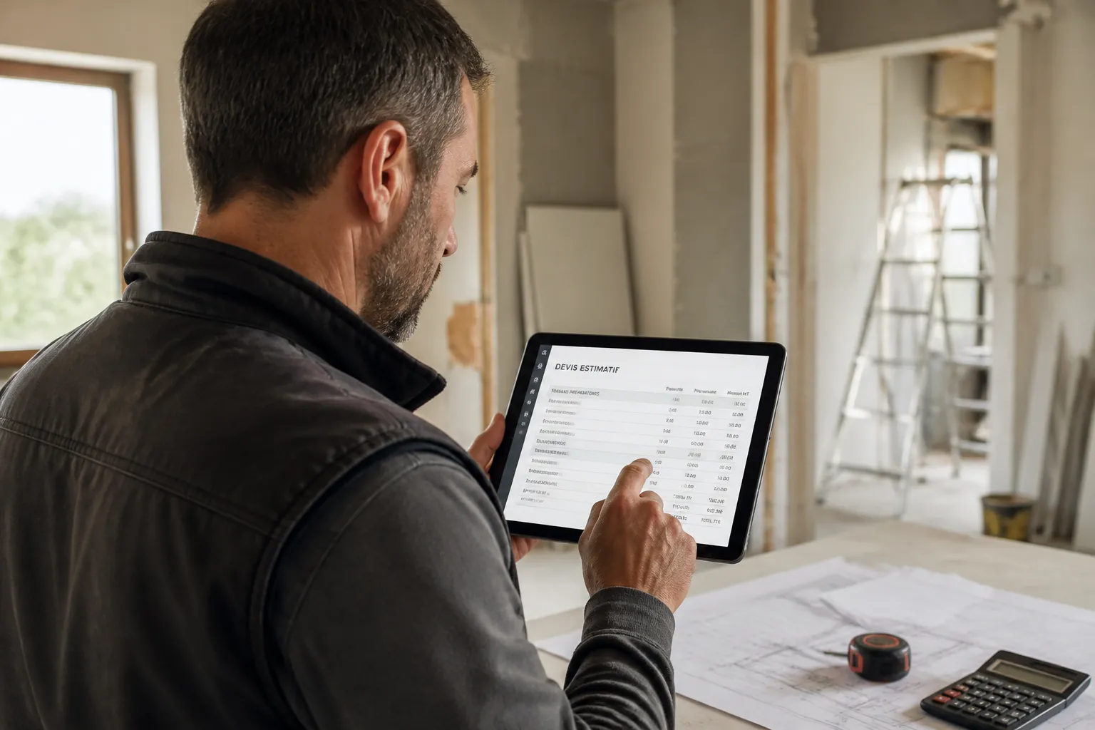 Expert chiffrant des travaux sur une tablette