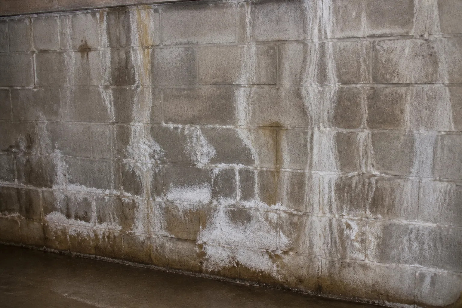 Mur de cave avec laisses d eau et efflorescences