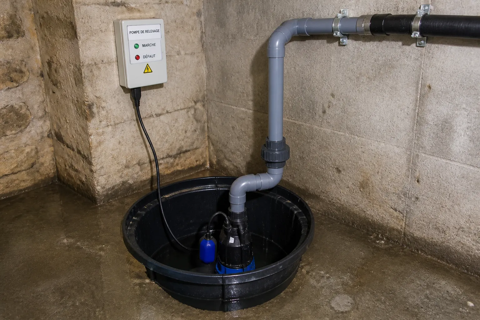 Pompe de relevage installee dans une cave
