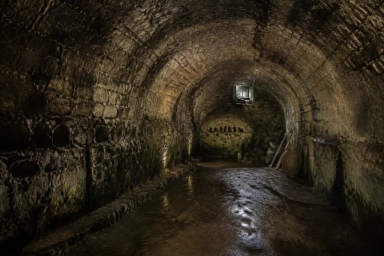 Cave ancienne voutee avec murs humides a Nantes