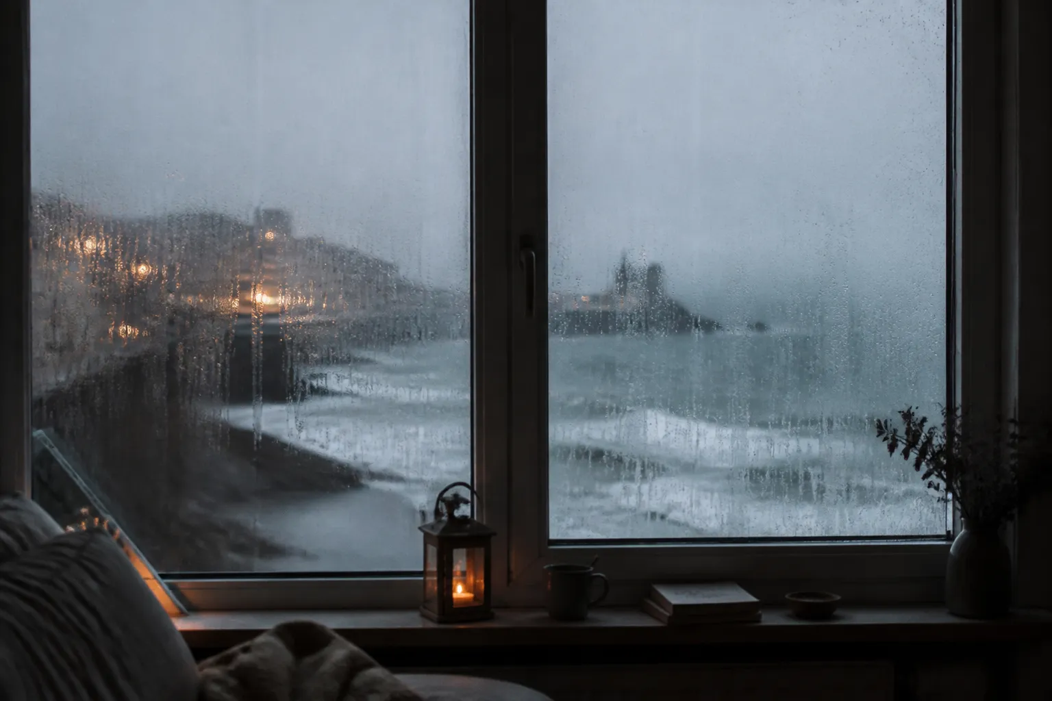 Fenetre embuee dans un appartement de bord de mer
