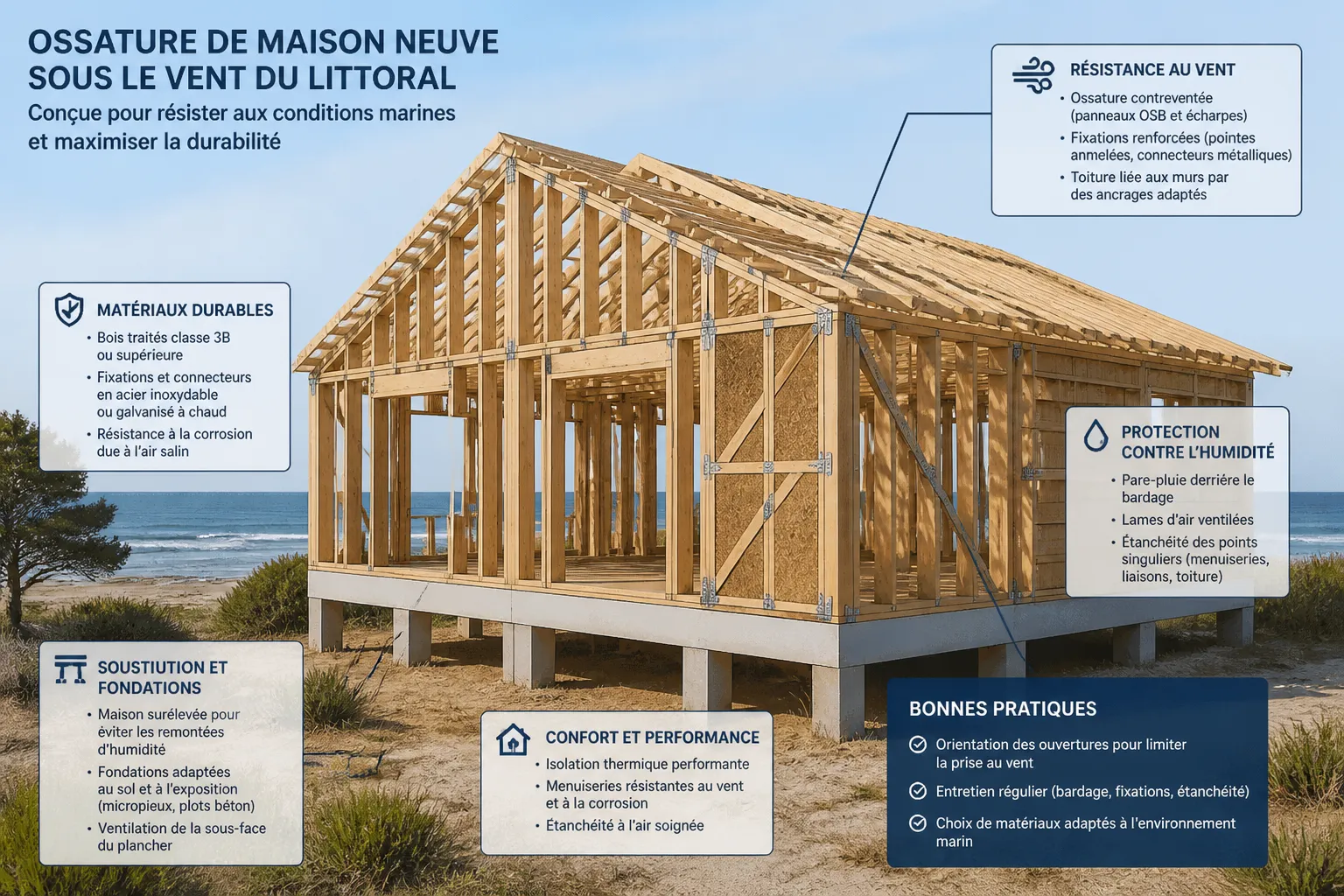 Ossature de maison neuve sous le vent du littoral