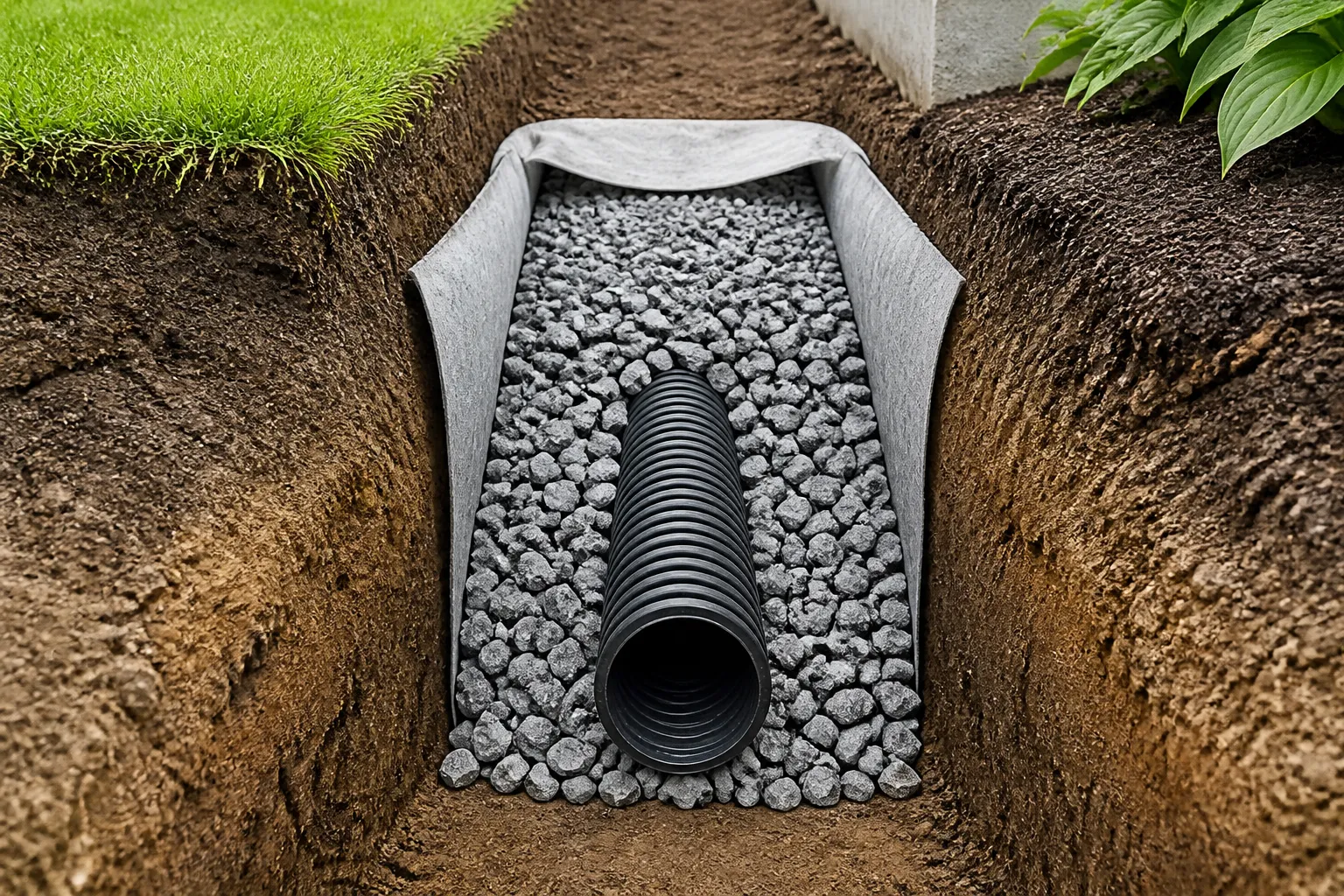 Tranchee de drainage avec gravier et drain