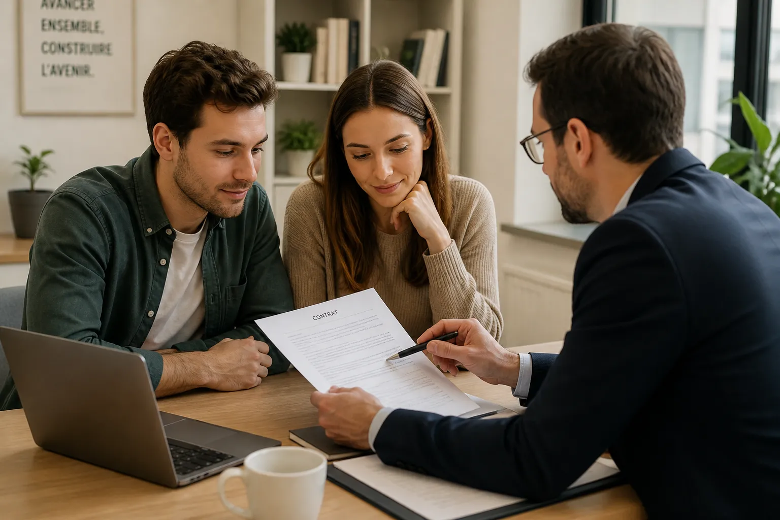 Couple etudiant un contrat avec un conseil