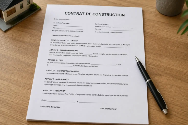 Contrat de construction pose sur une table avec stylo