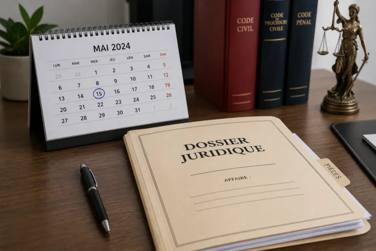 Calendrier et dossier juridique sur un bureau