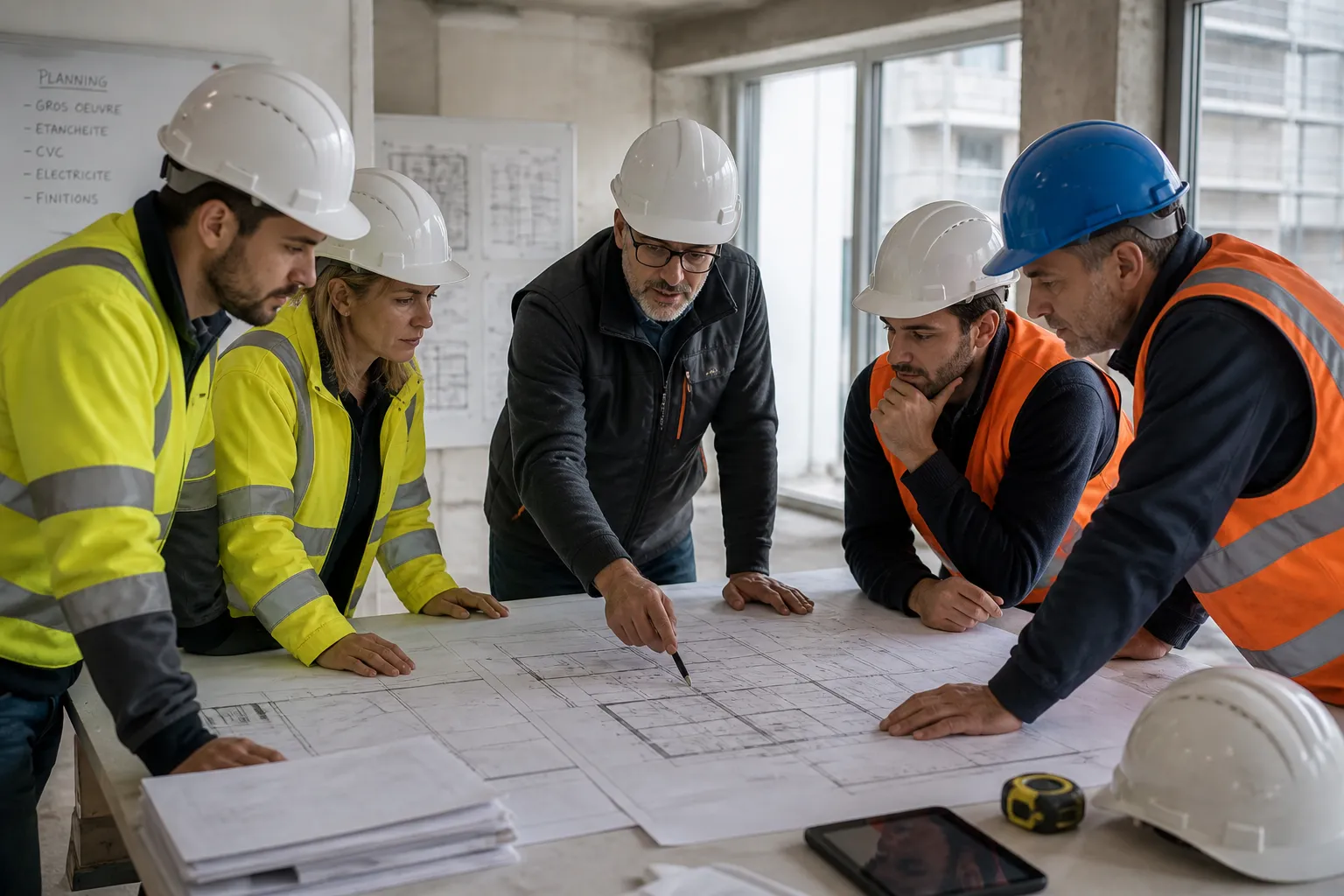 Reunion de chantier autour de plans