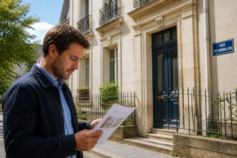 Acheteur lisant un document devant une maison nantaise