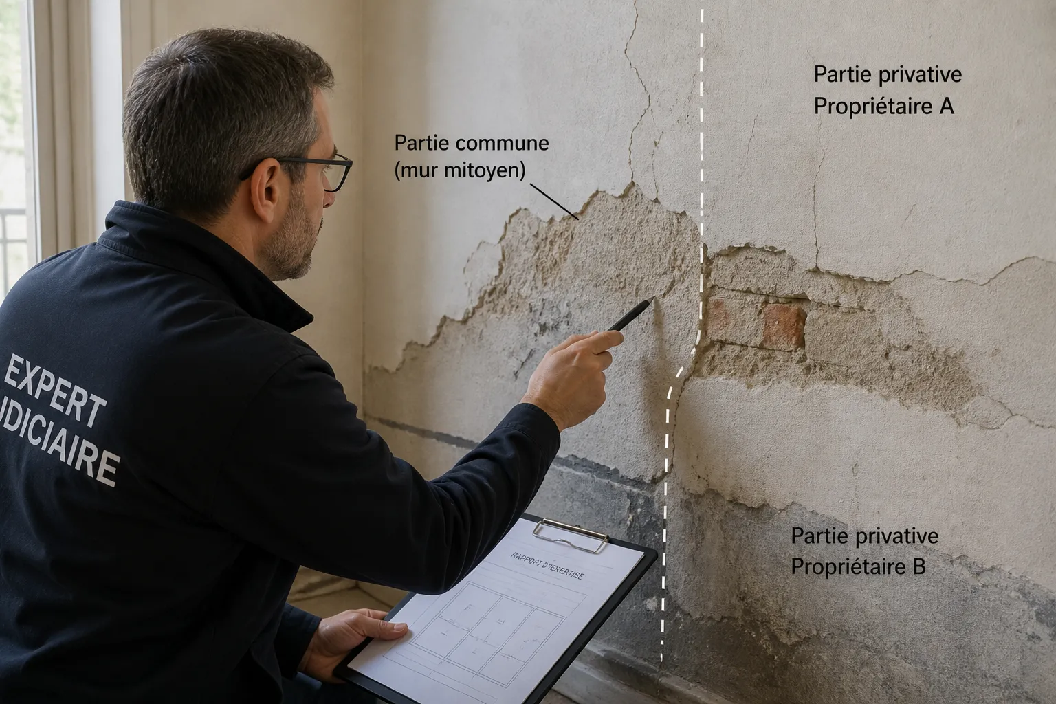 Expert judiciaire examinant un mur avec les parties