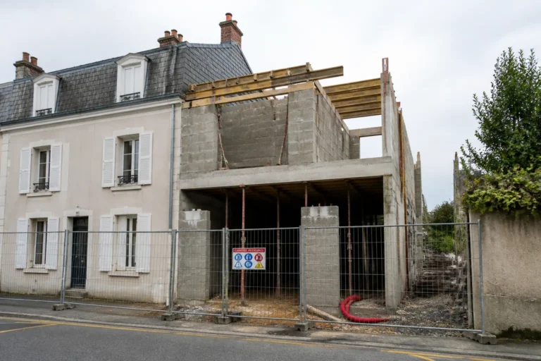 Chantier de construction accole a une maison de ville