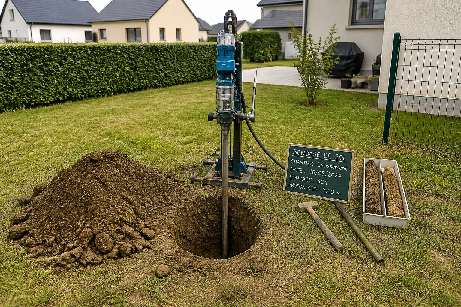 Sondage de sol dans un jardin de lotissement
