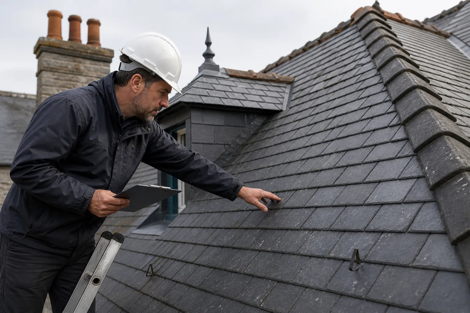 Expert inspectant une toiture en ardoise