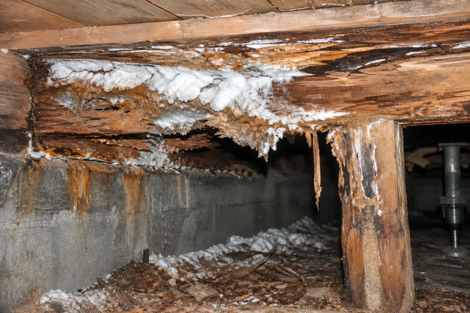 Degradation de bois par la merule sous un plancher