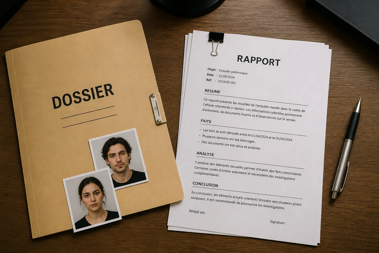 Dossier photos et rapport sur une table
