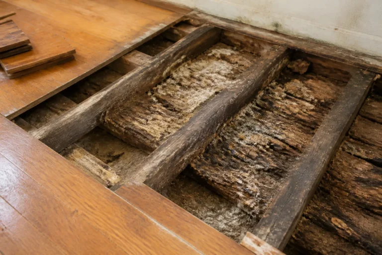 Plancher bois depose revelant une attaque de champignon