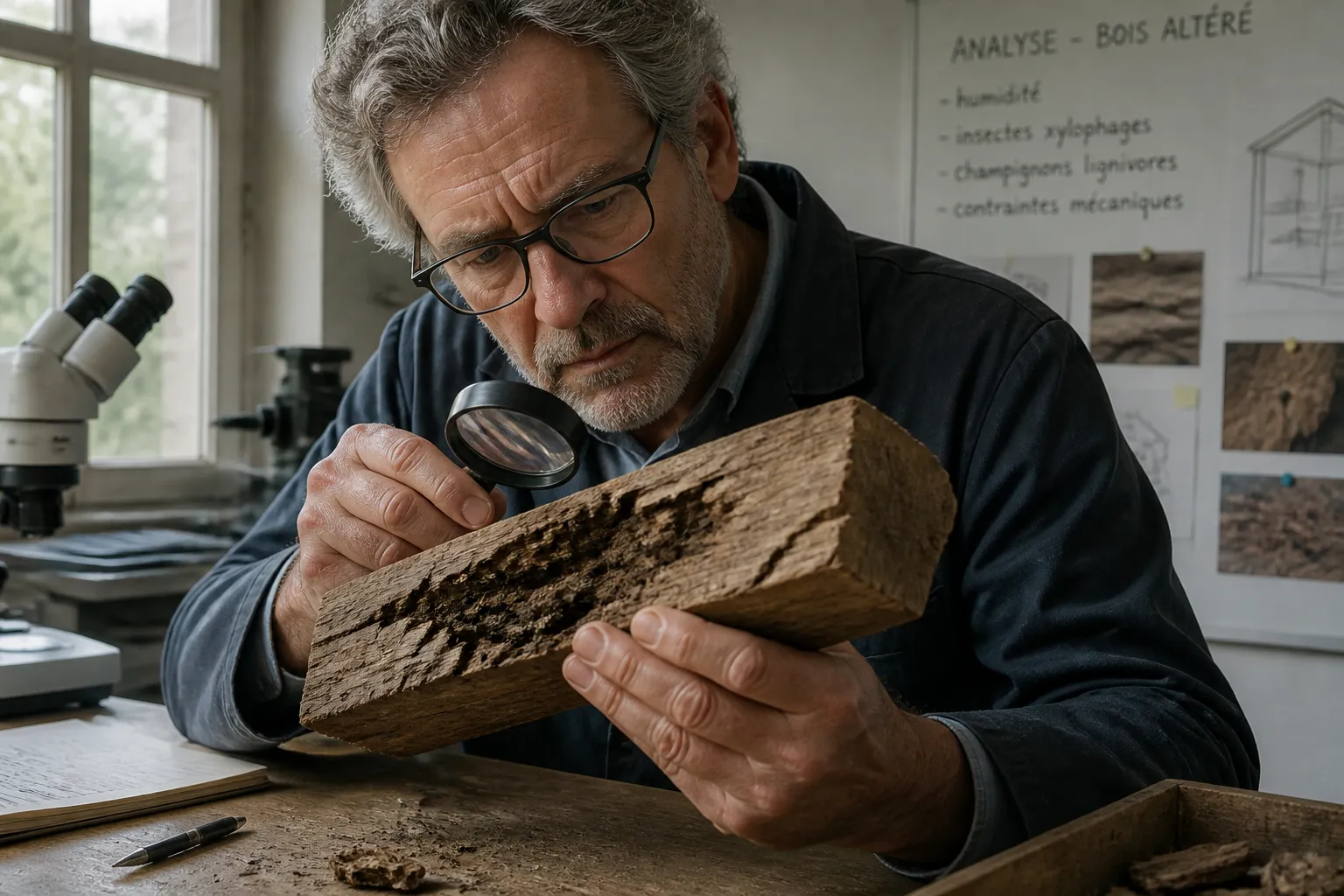 Expert inspectant une piece de bois alteree