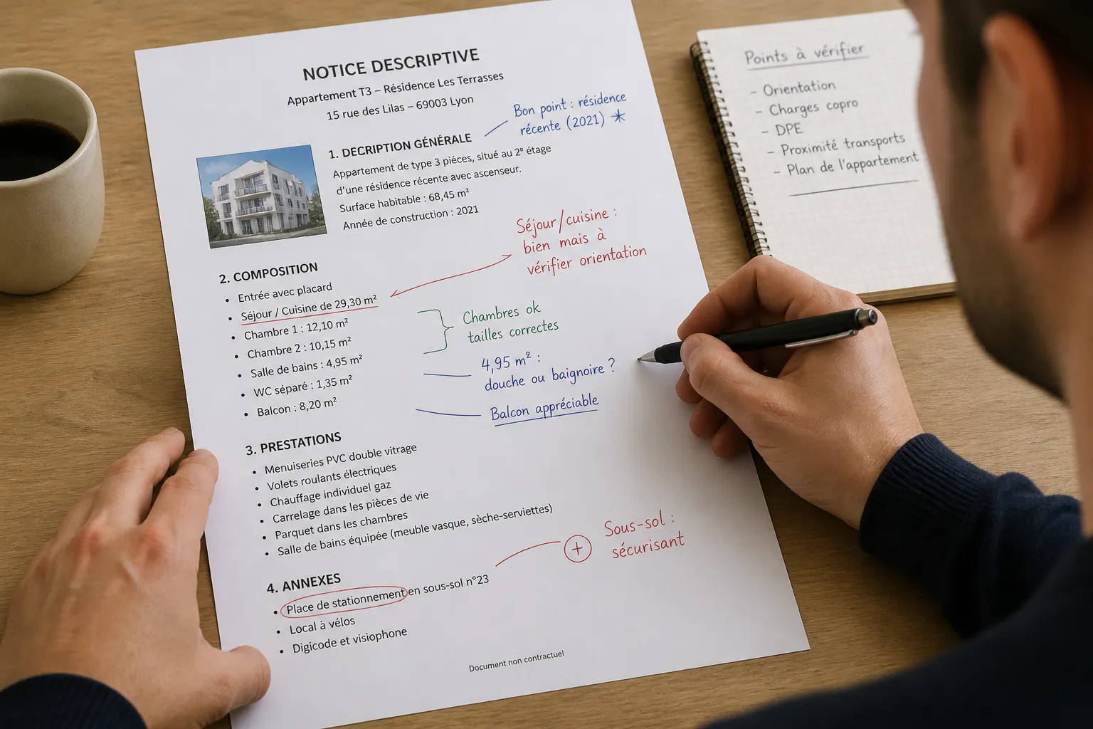 Acquereur annotant une notice descriptive