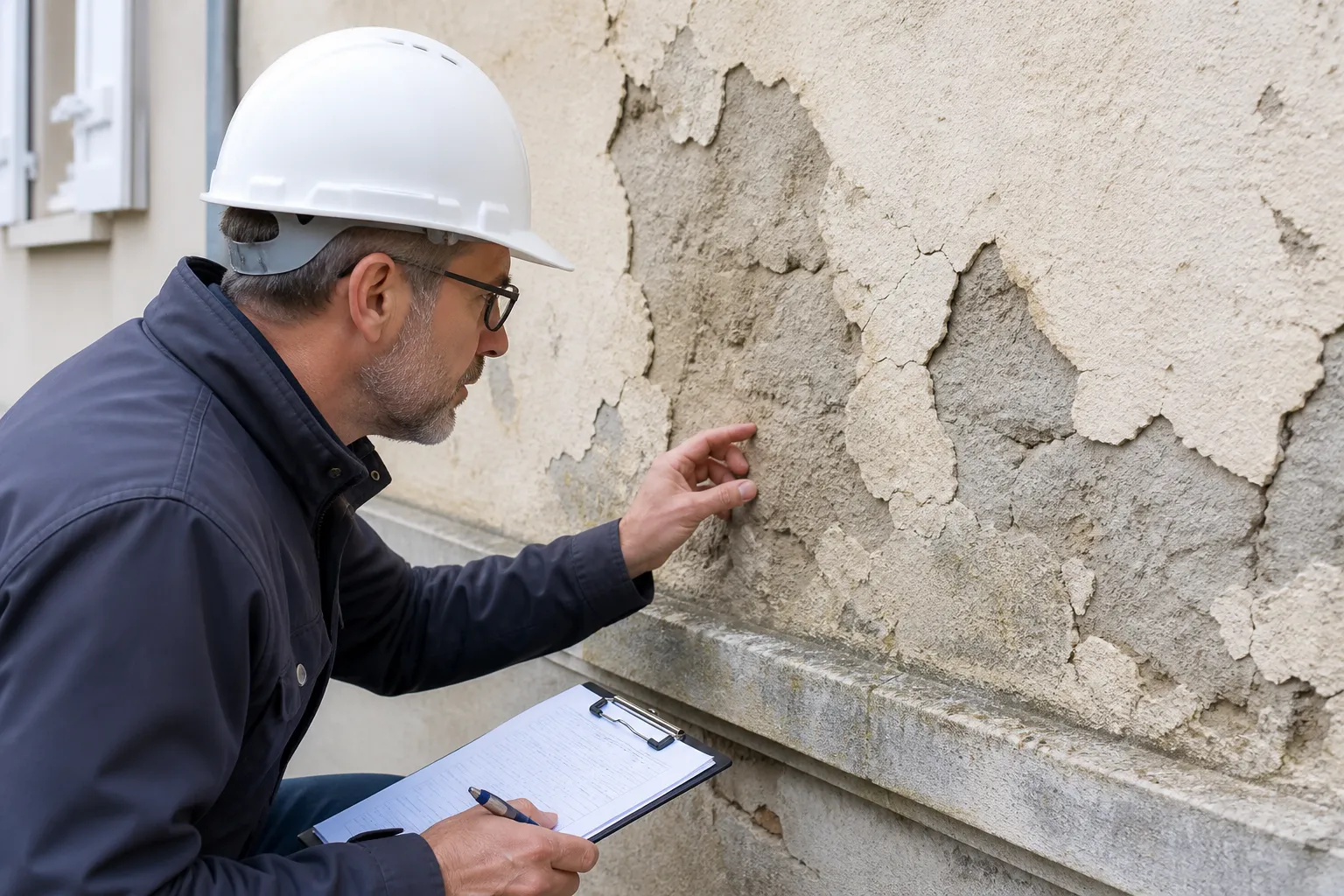 Expert examinant un enduit de facade degrade