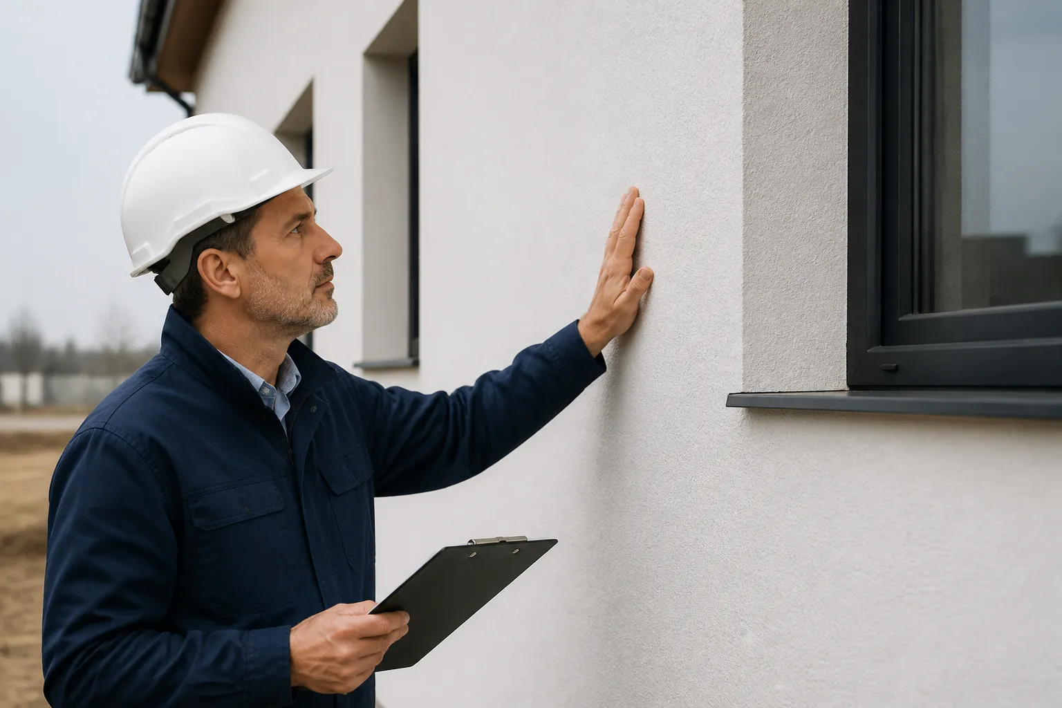Expert inspectant une facade enduite neuve