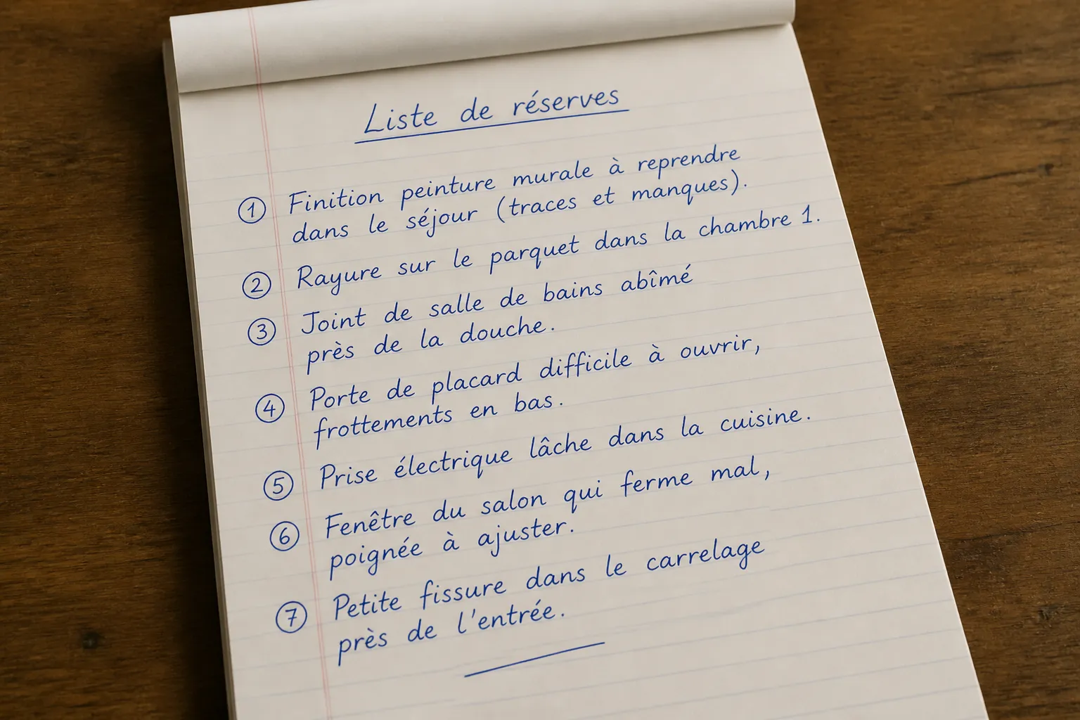 Liste de reserves manuscrite sur un bloc