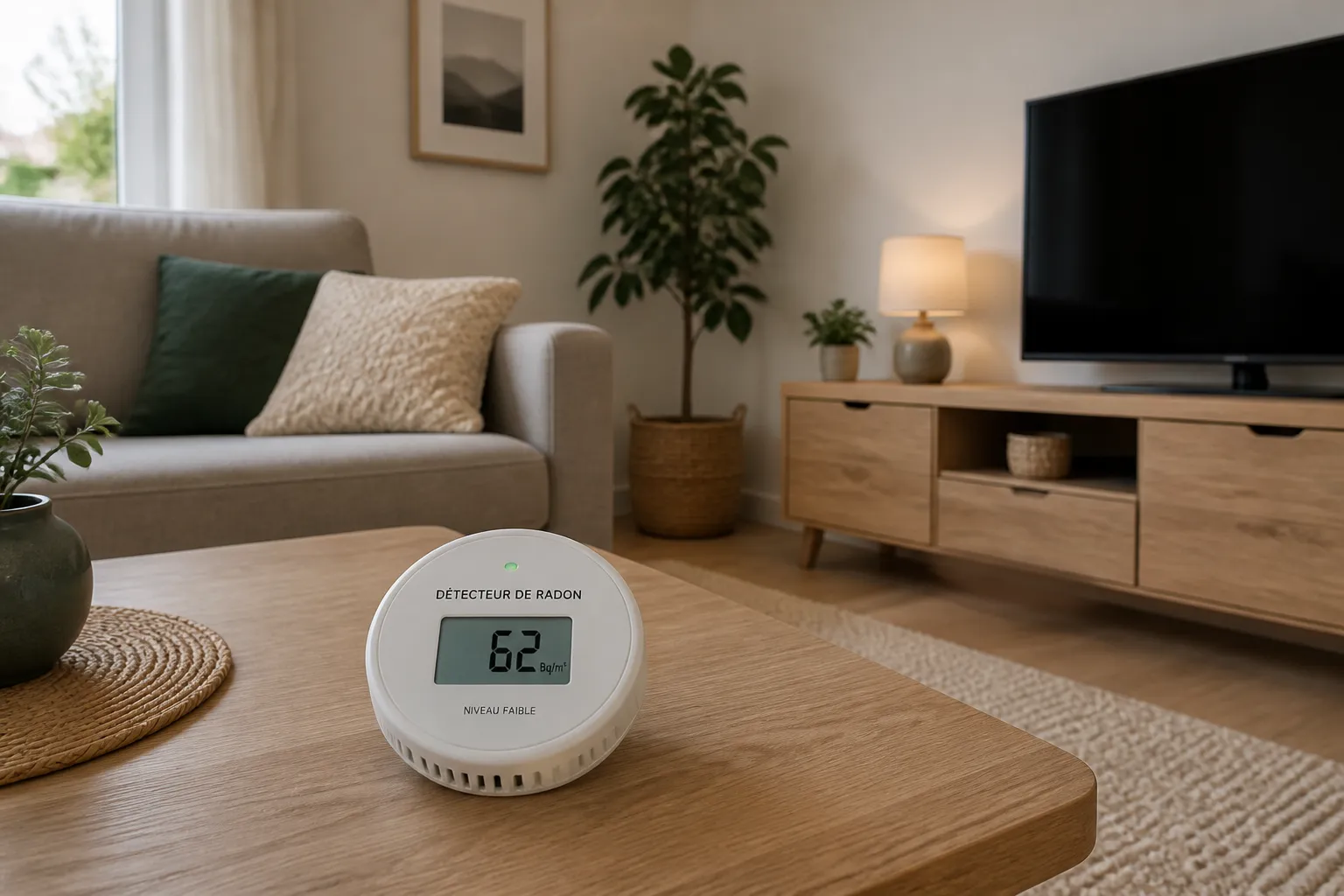 Detecteur de radon pose dans un salon