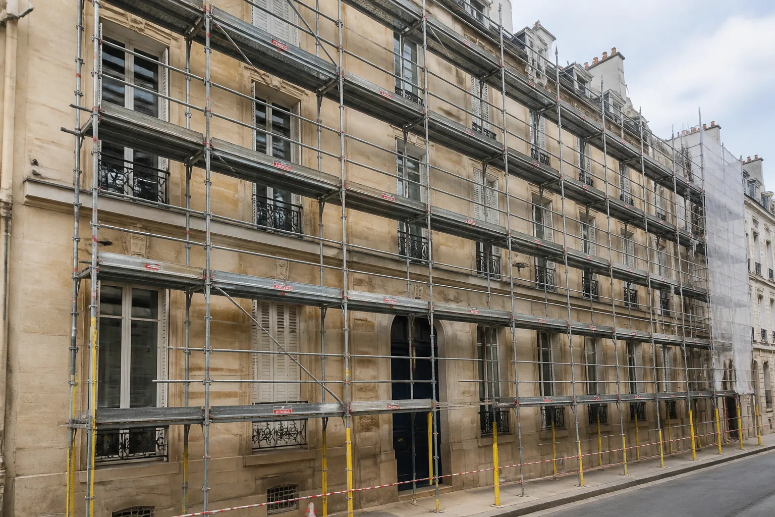 Echafaudage le long d une facade d immeuble