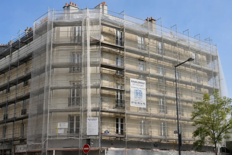 Immeuble sous echafaudage en cours de ravalement