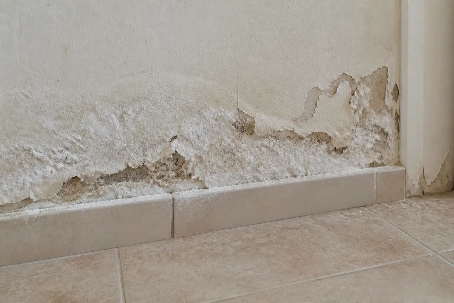 Pied de mur interieur avec salpetre et platre decolle