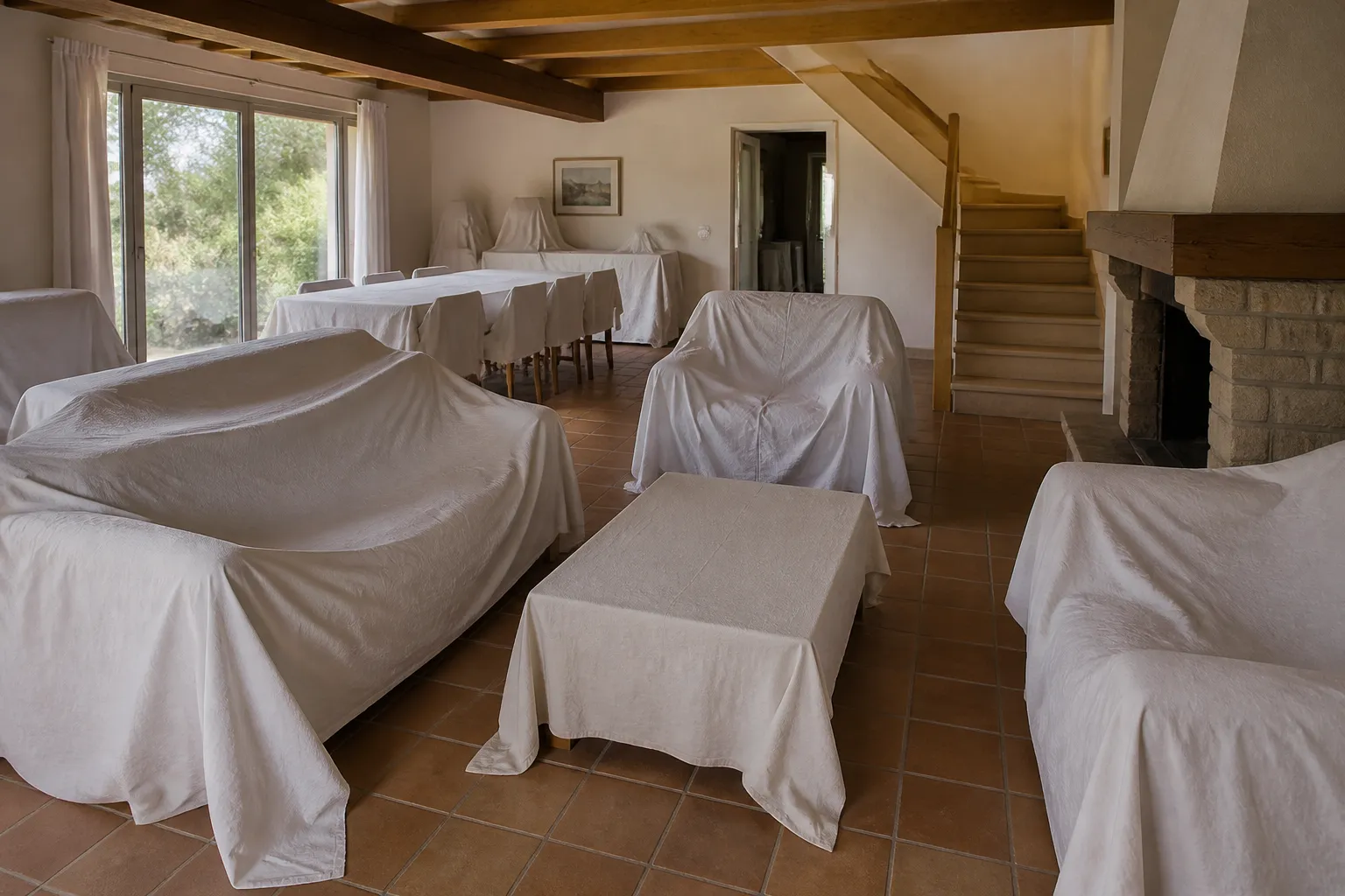 Interieur de maison de vacances sous housses