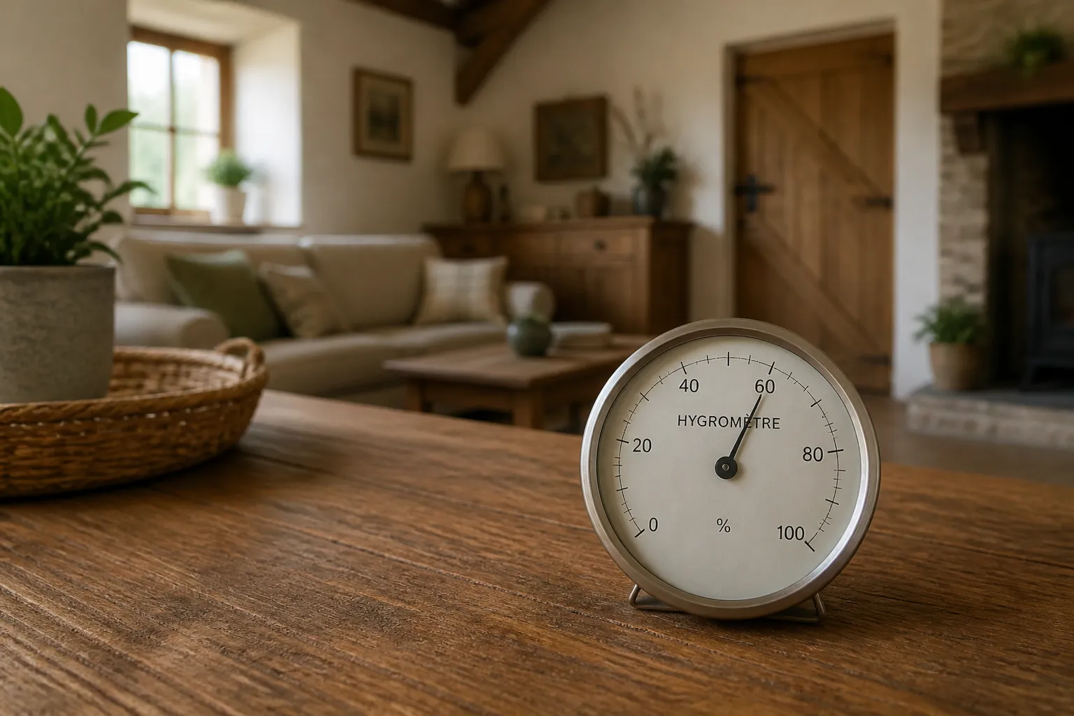 Hygrometre pose sur une table dans un sejour ferme