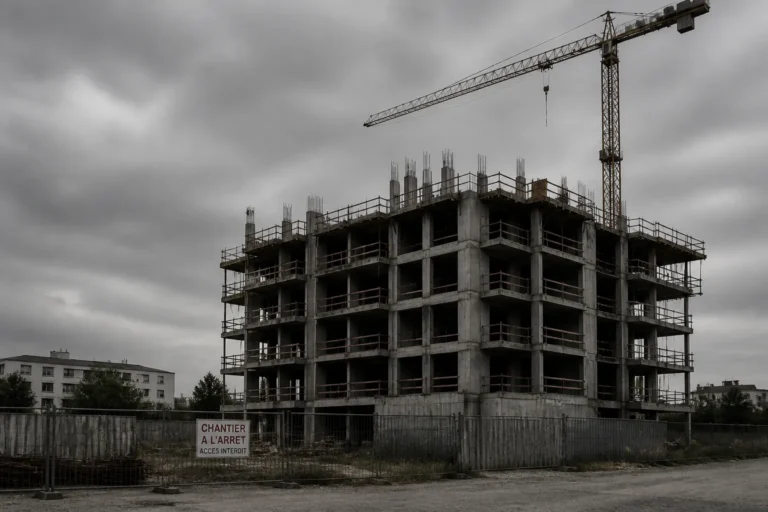 Chantier d immeuble a l arret sous un ciel gris