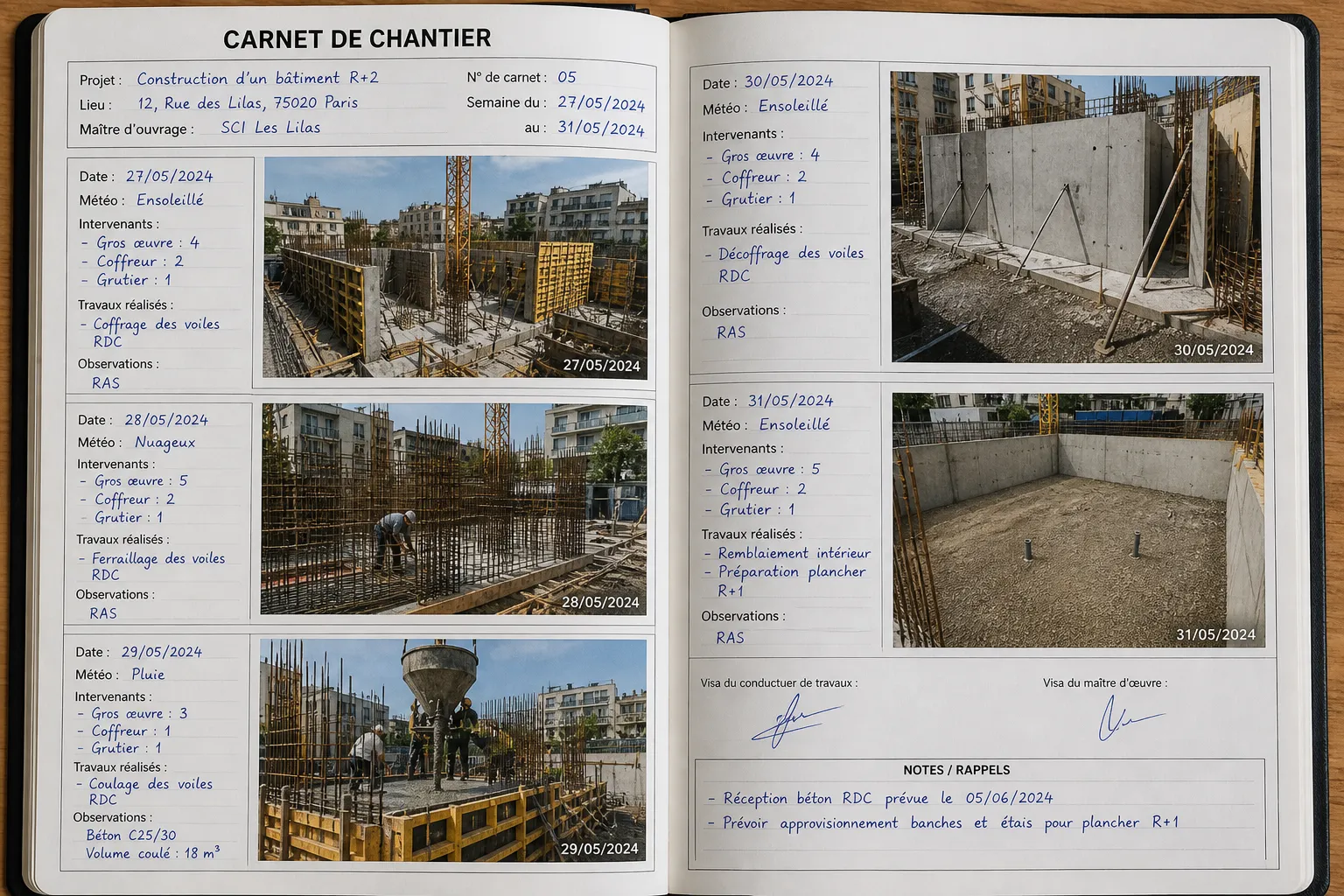 Carnet de chantier avec photos datees