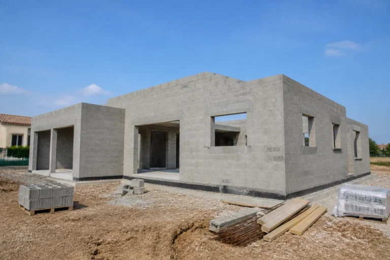 Maison individuelle en chantier au stade des murs