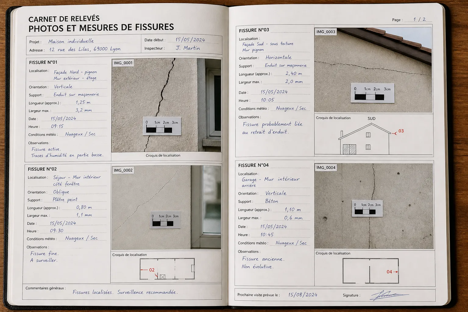 Carnet de releves photos et mesures de fissures