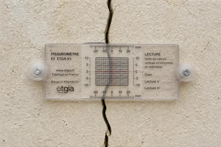 Fissurometre gradue pose sur une fissure de facade