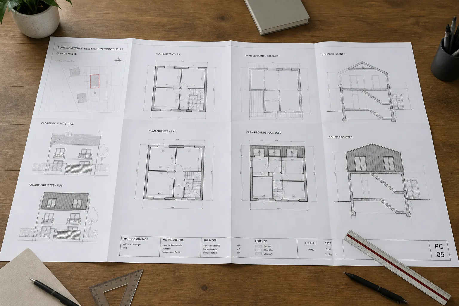 Plans de surelevation deplies sur une table